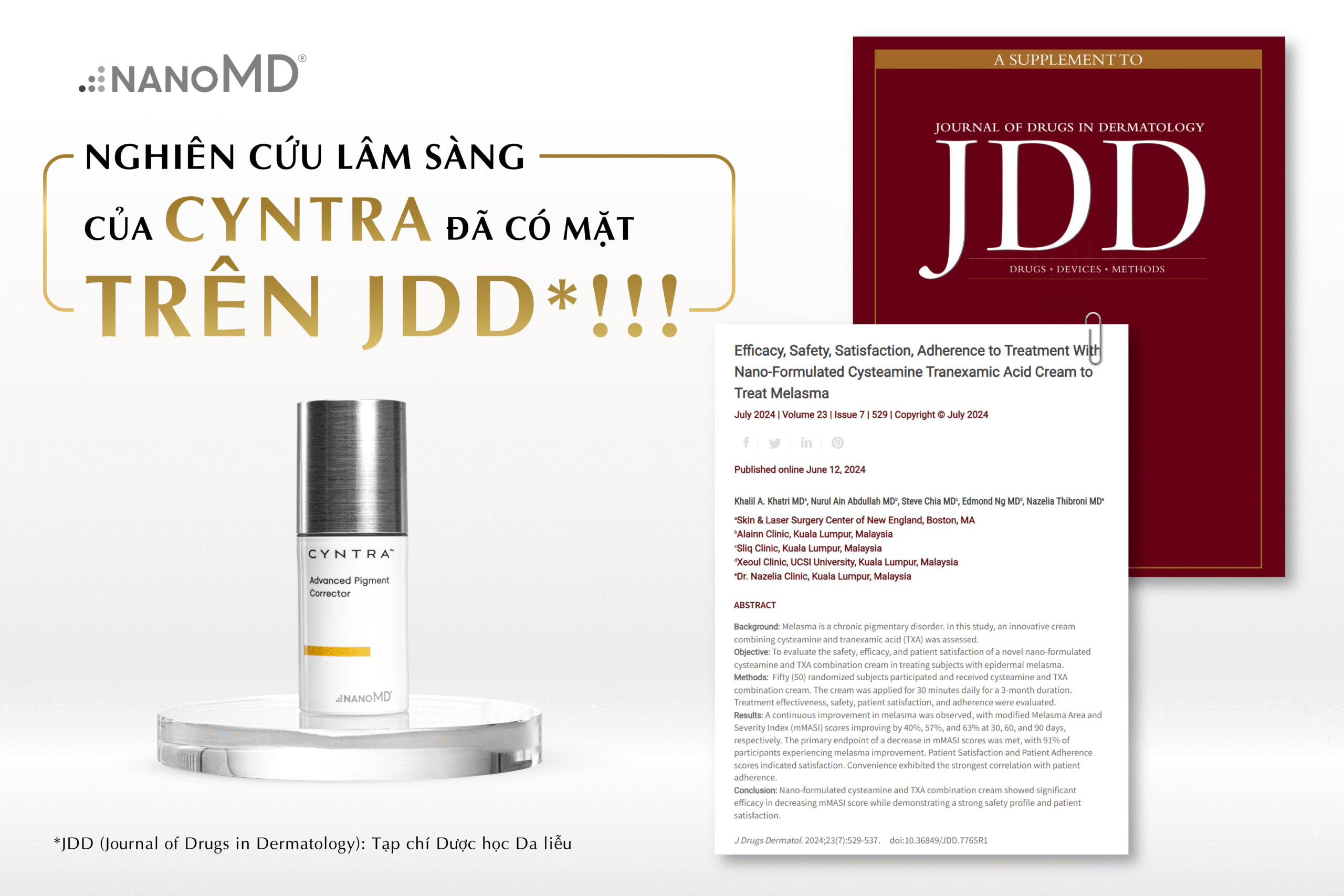 Tạp chí JDD đăng tải Báo cáo lâm sàng kem trị nám NanoMD Cyntra với 7.5% Cysteamine và 3% Tranexamic Acid