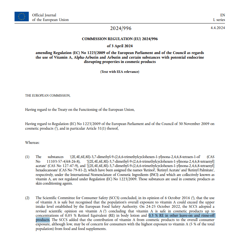 quy định nồng độ retinol